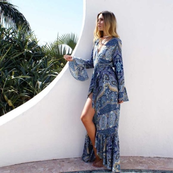 Boho Chic gypsy feel Print Wrap Maxi Dress - Picture 4 of 8